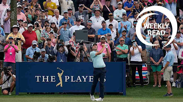 Scottie Scheffler hits during the final round of the 2023 Players Championship.